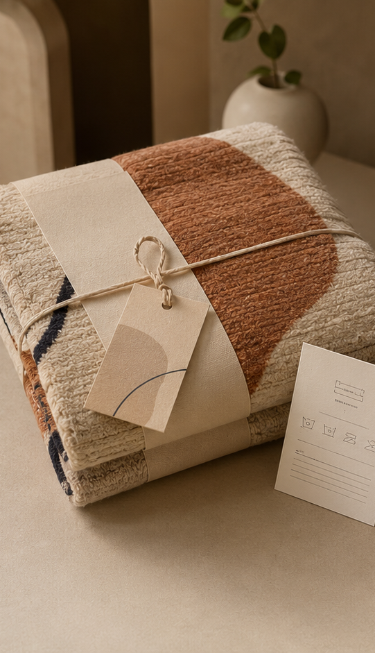 Folded rug with private label tag