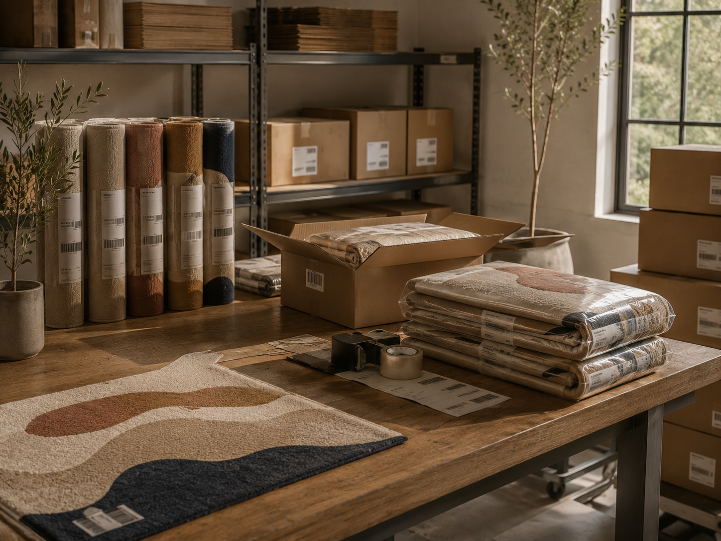 Packing warehouse with rugs and cartons
